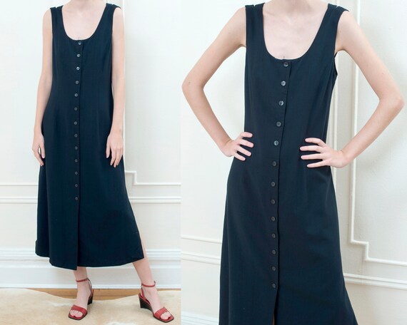 90s black maxi dress | long button down sheath dre