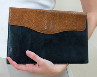 50s black two tone leather pouch sleeve clutch | i-pad case | 2 tone brown black leather clutch | distressed leather pouch bag
