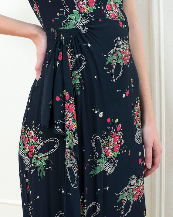 30s black floral midi dress small | flower print … - image 4