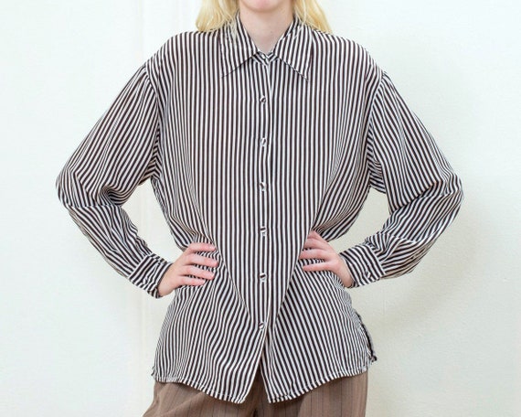 90s brown striped silk blouse large | silk button