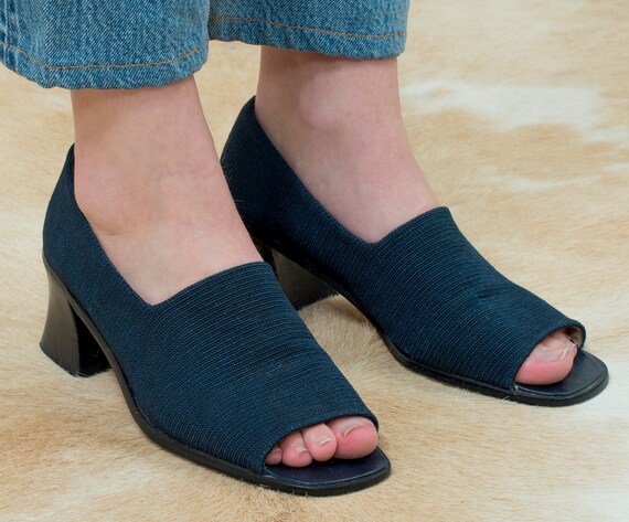 blue low block heel sandals