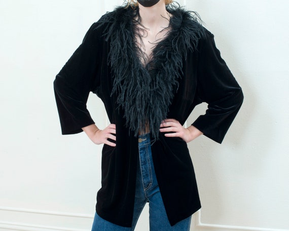 90s velvet feather trim evening jacket | xl marabo