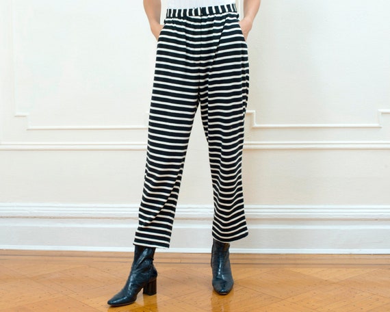 80s Navy Striped Knit Pants 28 Waist Breton Stripe Cropped