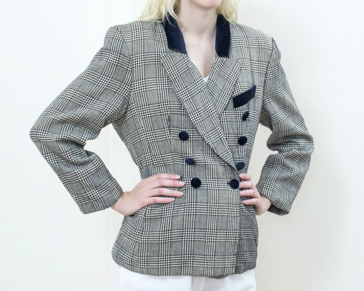 80s Navy Check Wool Blazer Medium | Plaid Wool Velvet Double Breasted Blazer | Minimalist Velvet Trim Blazer | Minimal Preppy Blazer