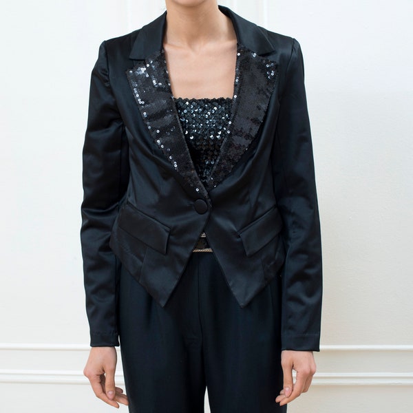 Blazer de soirée à col châle à paillettes noires des années 90 | petit blazer de fête minimaliste | slim minimal satin formel smoking disco jacket