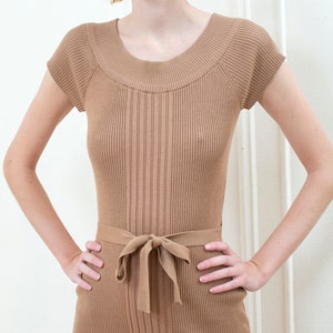 90s brown knit body con dress belted fitted sweater dress off shoulder knit dress image 2