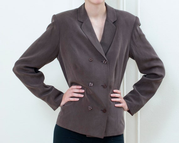 90s brown silk double breasted blazer | power sui… - image 2