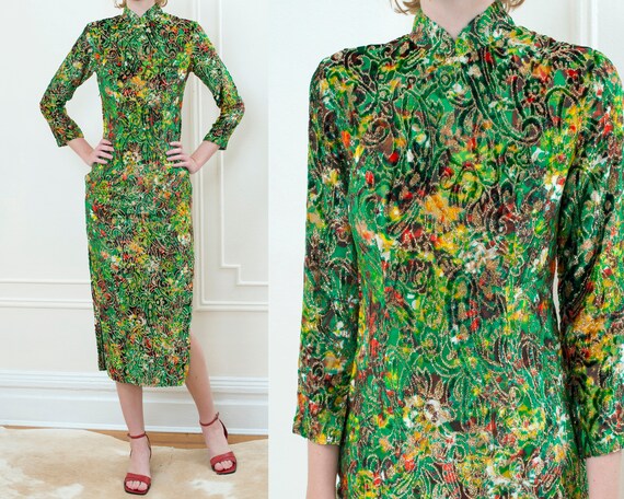 70s green metallic cheongsam dress | printed chine