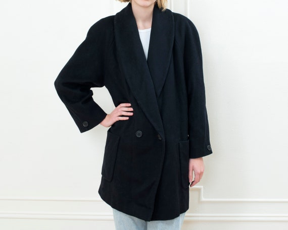 80s black wool coat medium | shawl collar double b