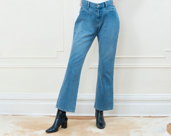 90s boot cut blue jeans 30 taille | 30 x 30 jeans | vintage évasé jeans en denim de lavage moyen | taille haute taille taille inférieure taille 30 jeans