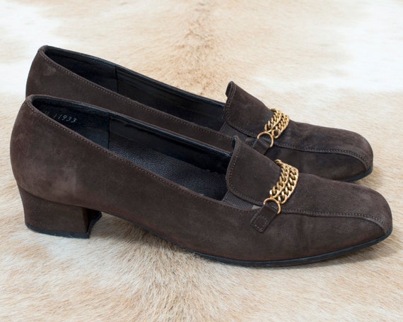70s brown suede shoes 9.5 | block heel leather lo… - image 1