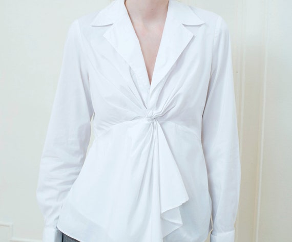 white cotton draped blouse | 90s collared shirt |… - image 5