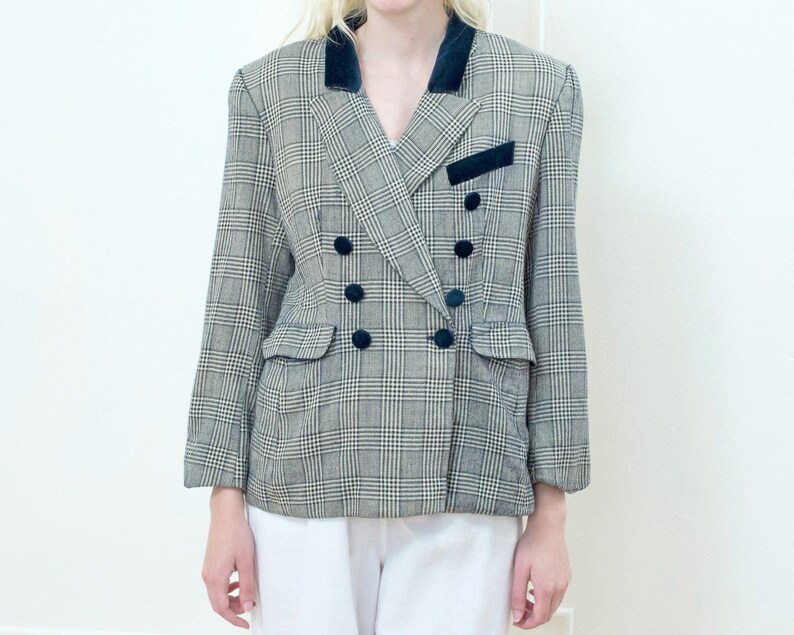 80s navy check wool blazer medium plaid wool velvet double breasted blazer minimalist velvet trim blazer minimal preppy blazer image 3