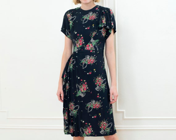 30s black floral midi dress small | flower print … - image 3