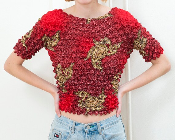 90s red micropleat blouse | paisley print popcorn