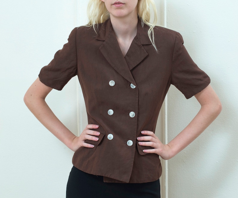 minimal double breasted chocolate brown safari jacket 80s minimalist short sleeve fitted jacket brown linen blazer small