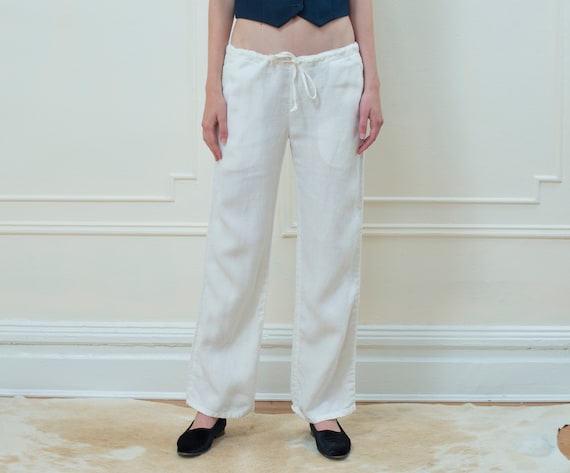 white linen pants xs | 90s drawstring wide leg lou
