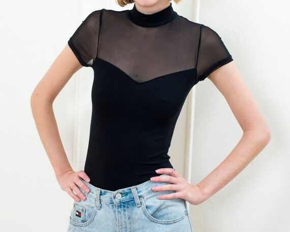 90s black sheer mockneck bodysuit | high neck leot