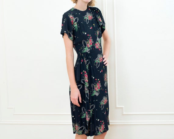 30s black floral midi dress small | flower print … - image 5