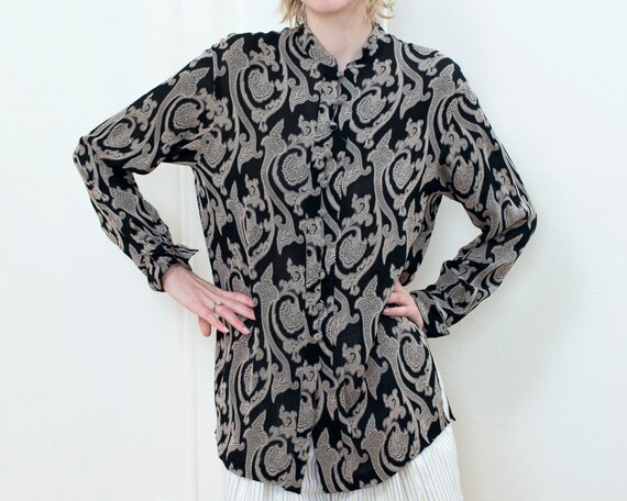 80s black paisley blouse | print sheer silky blous