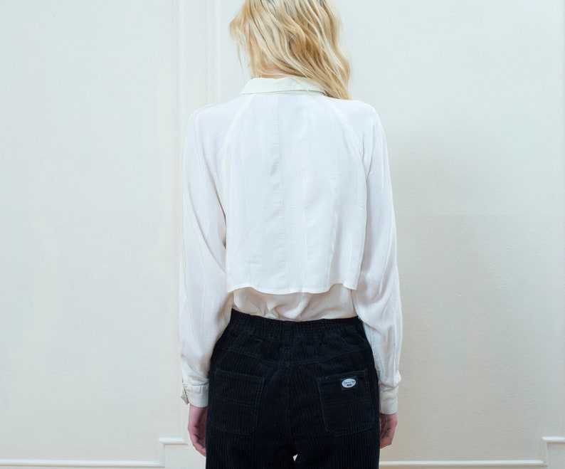 minimalist blouse cream silky collared shirt 80s white silk blouse medium ivory silky button down shirt minimal dramatic blouse