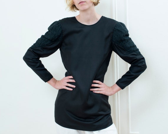 80s black silk blouse | lace puff sleeve evening b
