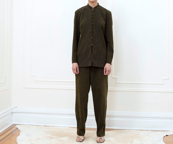 90s green pant suit | minimalist dark green evenin