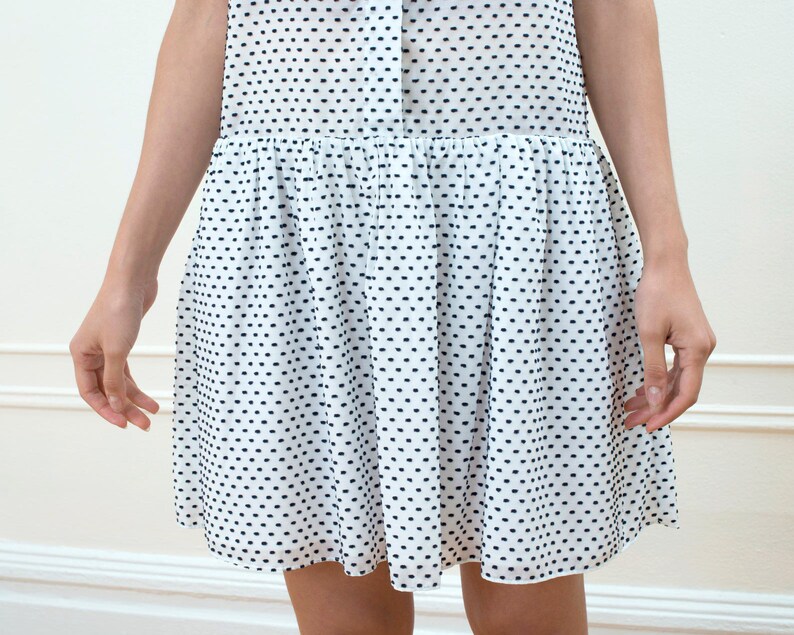vintage white sheer swiss dot mini dress boatneck ruffle skirt drop waist dress image 4