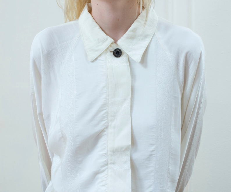 minimalist blouse cream silky collared shirt 80s white silk blouse medium ivory silky button down shirt minimal dramatic blouse