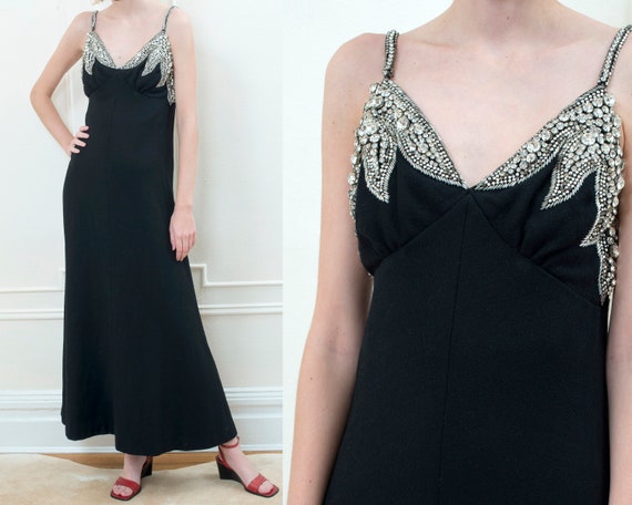 40s black crystal encrusted evening gown | wool r… - image 1