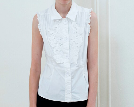 womens white sleeveless tuxedo shirt