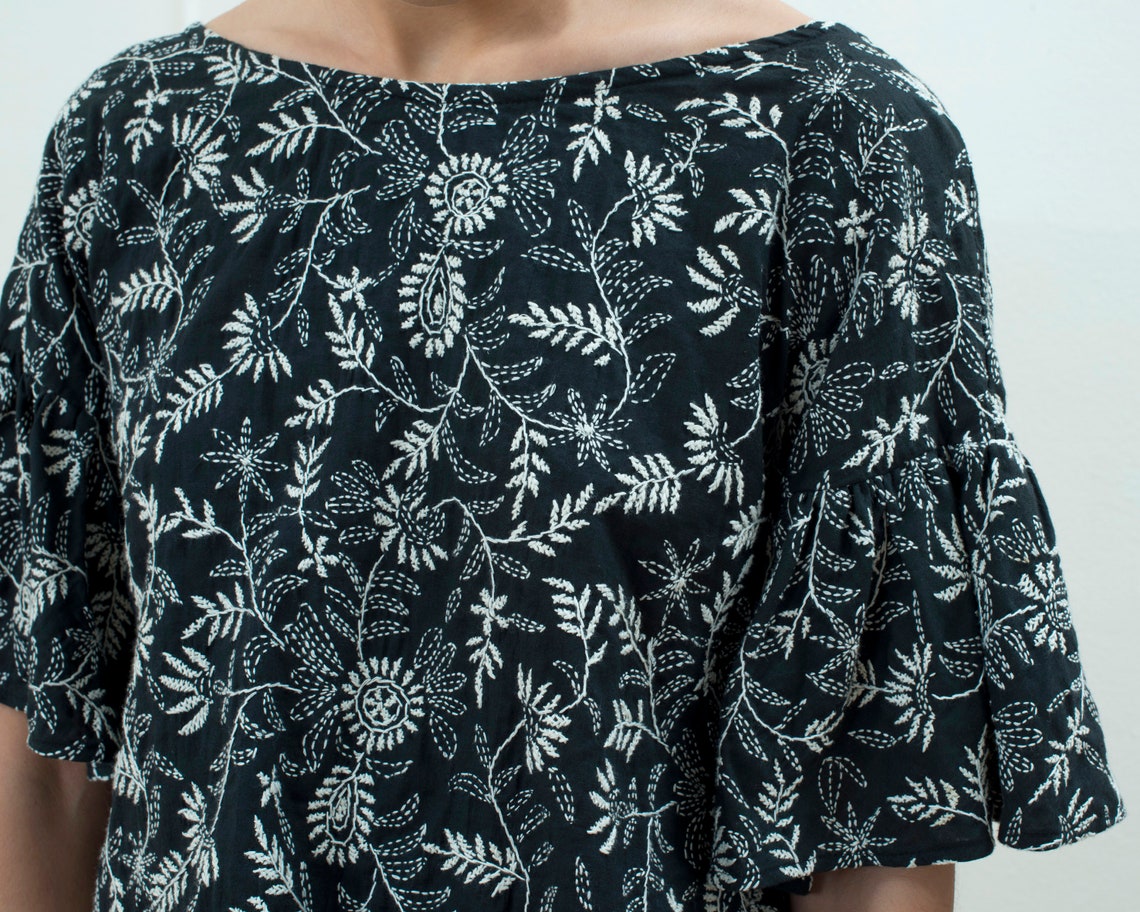 90s Black Floral Cotton Blouse Small Flutter Sleeve Low - Etsy
