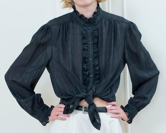 70s black sheer ruffle blouse | high neck ruffled