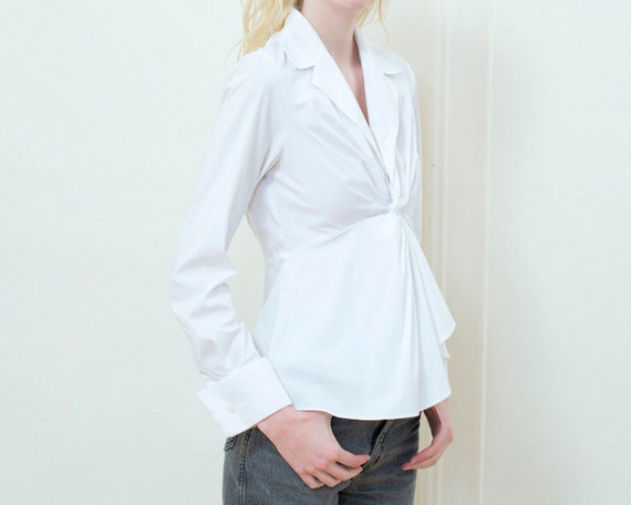 white cotton draped blouse | 90s collared shirt |… - image 4