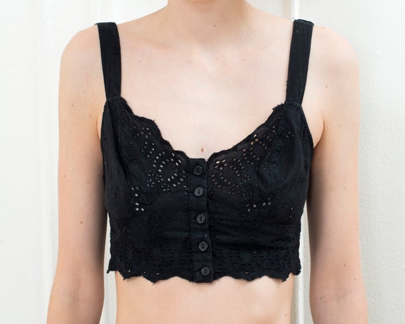 90s black cotton eyelet crop top | sweetheart neck
