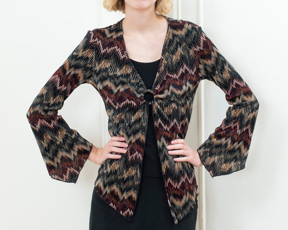 90s y2k black zig zag print blouse | layered micro