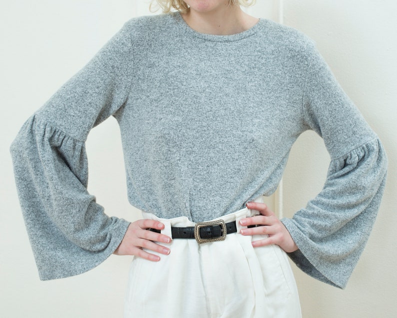 90s gray bell sleeve sweater medium minimal light dove gray gathered sleeve melange sweater crewneck big sleeve minimalist sweater