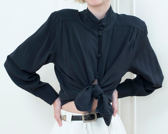 80s black big puff sleeve high neck blouse | minim