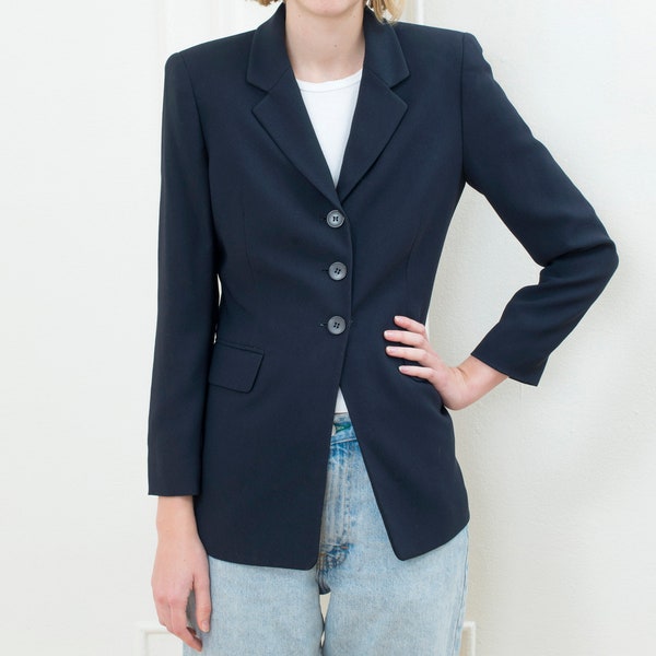 90s navy power suit blazer 4 small | fitted nip waist blazer | minimalist blazer | minimal dark blue blazer jacket | navy blue blazer