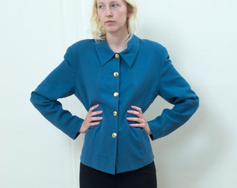 90s blue wool power suit blazer medium | button down blazer | sky blue blazer | minimal power suit jacket | minimalist collared blazer