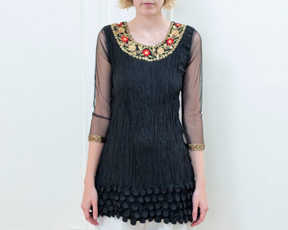 90s black embroidered top | micropleat metallic e… - image 3