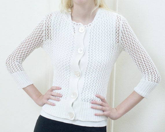 90s white crochet knit cardigan small | cotton kni