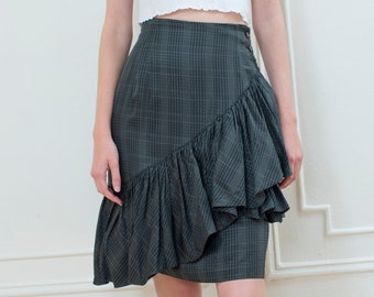 80s matsuda nicole skirt | green plaid ruffle skirt xs 24 waist | ruffled pencil skirt | tokyo japan high waisted preppy high waist skirt