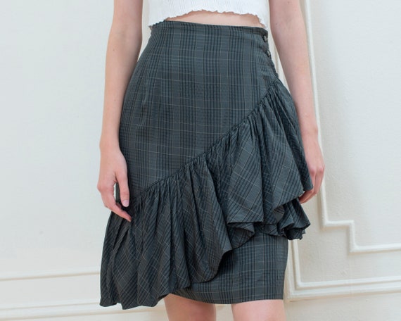 80s matsuda nicole skirt | green plaid ruffle ski… - image 1