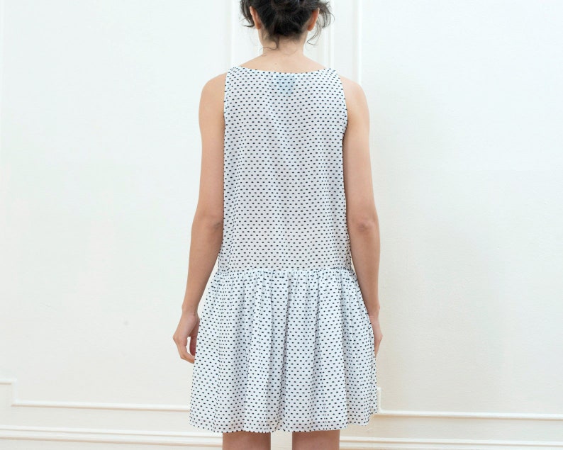 vintage white sheer swiss dot mini dress boatneck ruffle skirt drop waist dress image 7