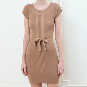 90s brown knit body con dress belted fitted sweater dress off shoulder knit dress image 1