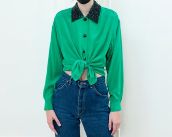 80s green silk beaded blouse | bead collar evening blouse | bright green silk button down shirt