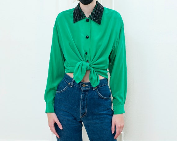 80s green silk beaded blouse | bead collar evening