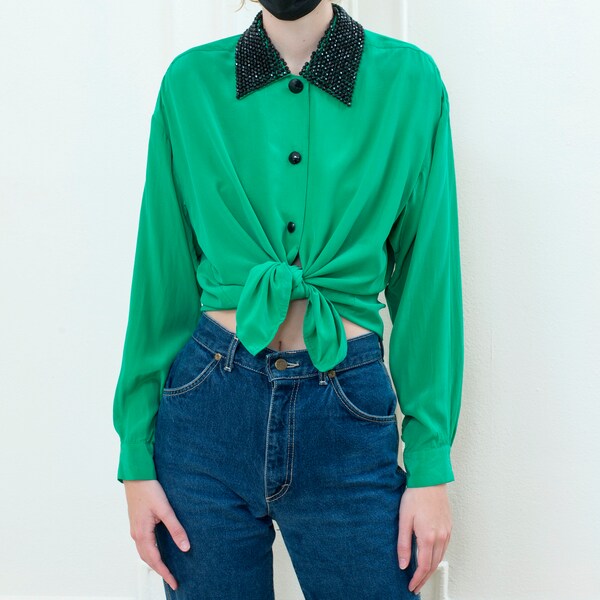 Green Silk Blouse Etsy