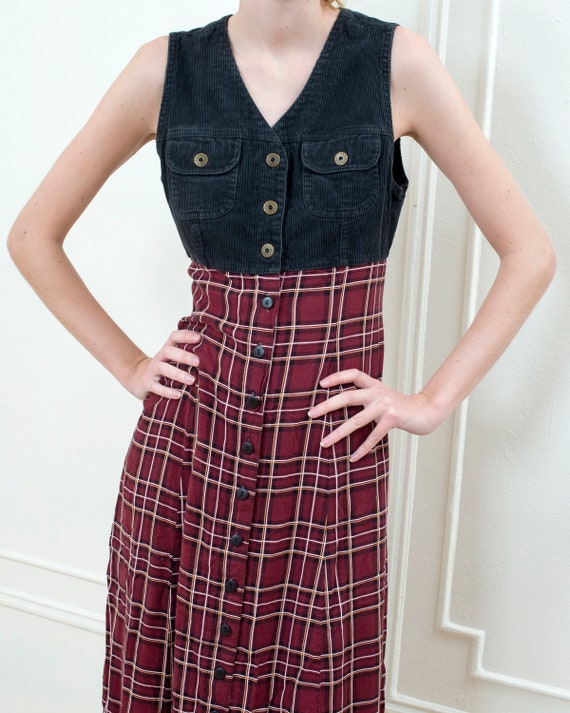 90s corduroy plaid grunge dress | black red maxi … - image 6